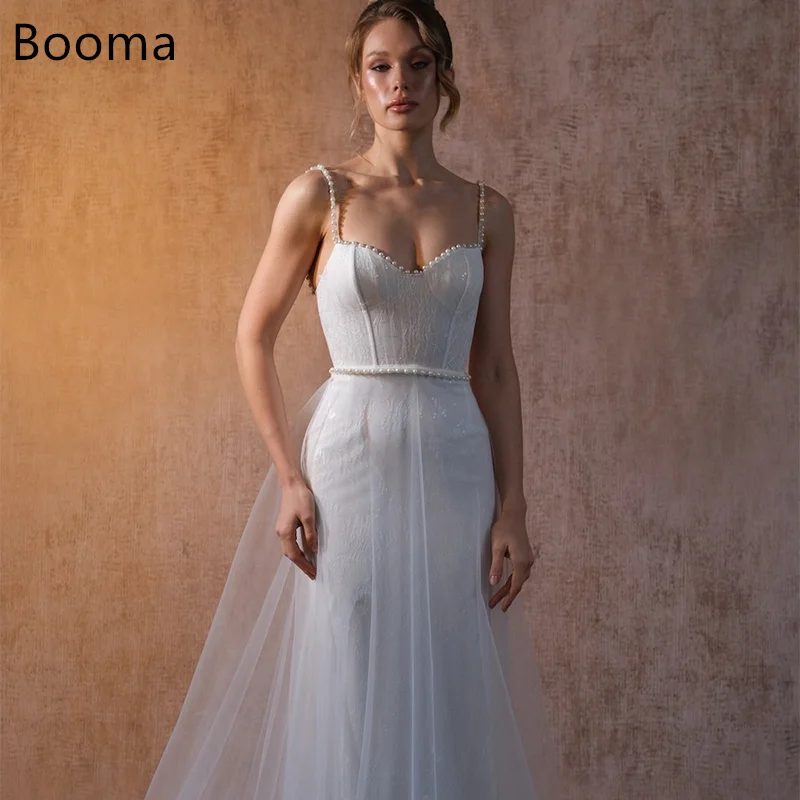 

Booma A-Line Spaghetti Strap Long Wedding Dresses Sleeveless Tulle Pearls Lace Appliques Elegant Brides Gown Custom Made 2025