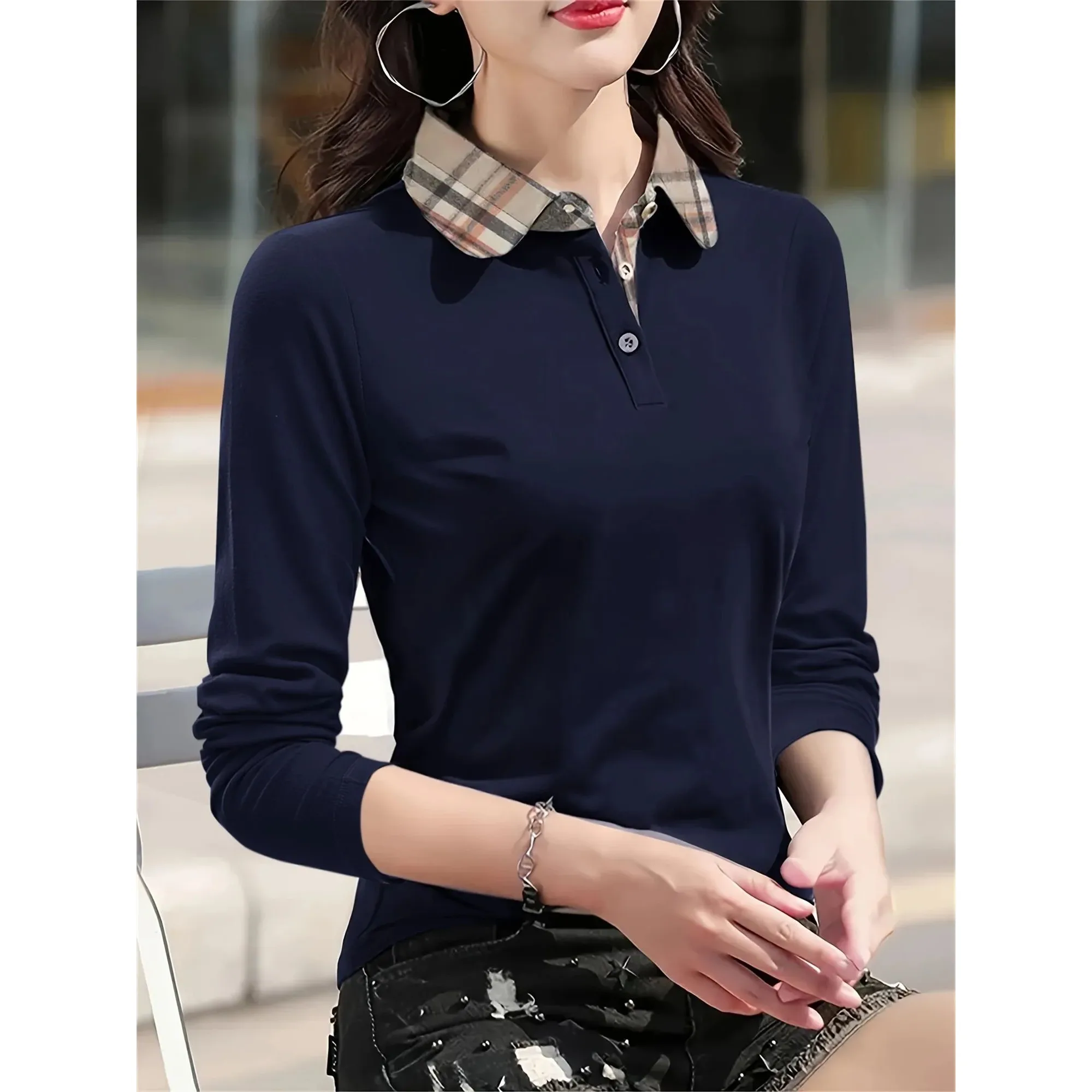 

Женская длинная футболка с воротником в клетку SVE Faion Casual irt Cool Feeling, тонкая футболка из ацетатного волокна Ciwalk Cleanfit Sle