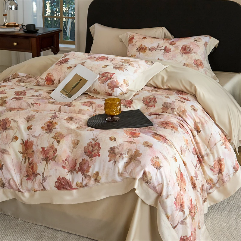 Lyocell Cotton Blend Bedding Set Watercolor Floral Print Duvet Cover 4Pcs Soft Silky Bed Linen with Pillowcases Queen King Size