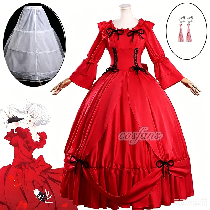 

Anime May I Ask for One Final Thing Scarlet El Vandimion Cosplay Costume Wig Red Dress Ice Rose Earrings Halloween Party Women
