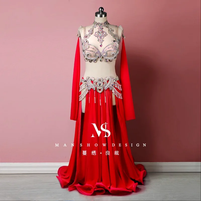 Customized Belly Dance Performance Set Shoulder Chain Bra Waist Seal Large Swing Skirt Tassel Floating Sleeves Opening Dancewear