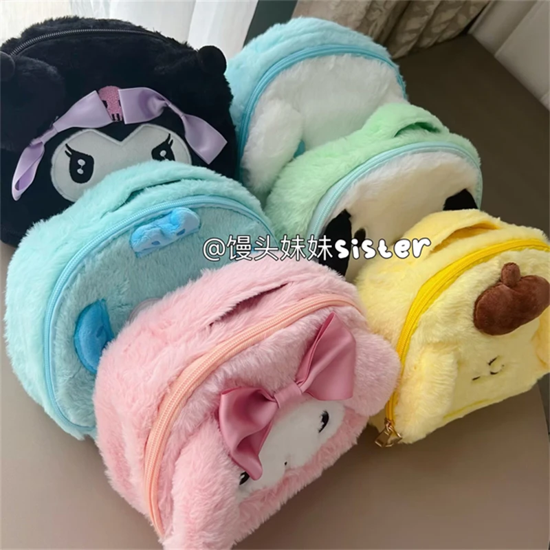 Sanrio High Capacity Cosmetic Bag Kuromi My Melody Cinnamoroll Pom Pom Purin Cartoon Plush Bag Handbag Cosmetic Storage Bag