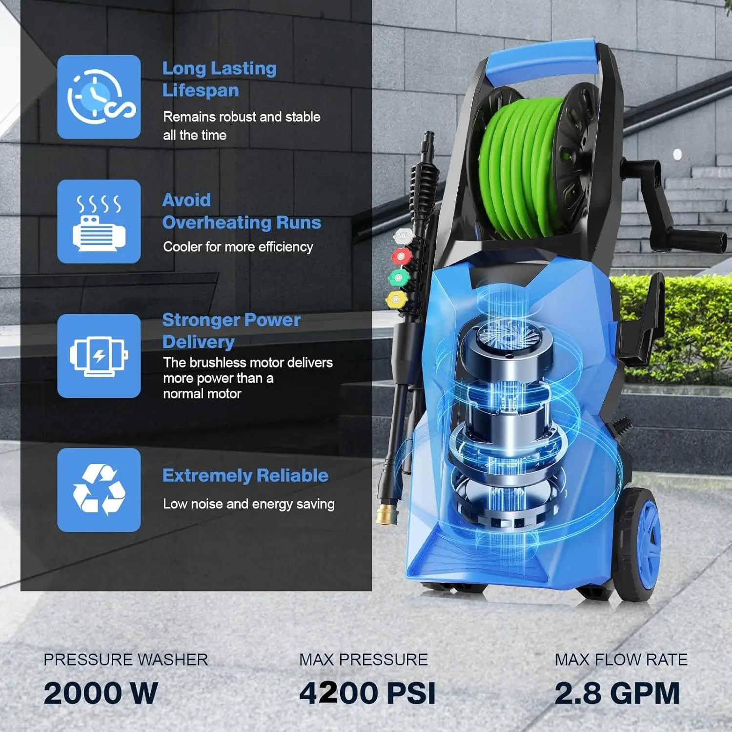 4800PSI Electric High Pressure Washer 2.8GPM Portable Power Washer with Upgraded 33ft Extension Hose Reel