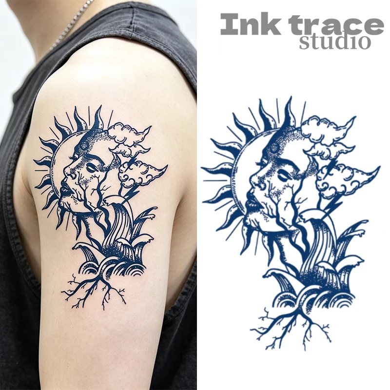 Vintage Sun Face Wave Cloud Temporary Tattoo Stickers Blue Semi Permanent Waterproof Fake Body Art Tattoo For Men Arm Shoulder