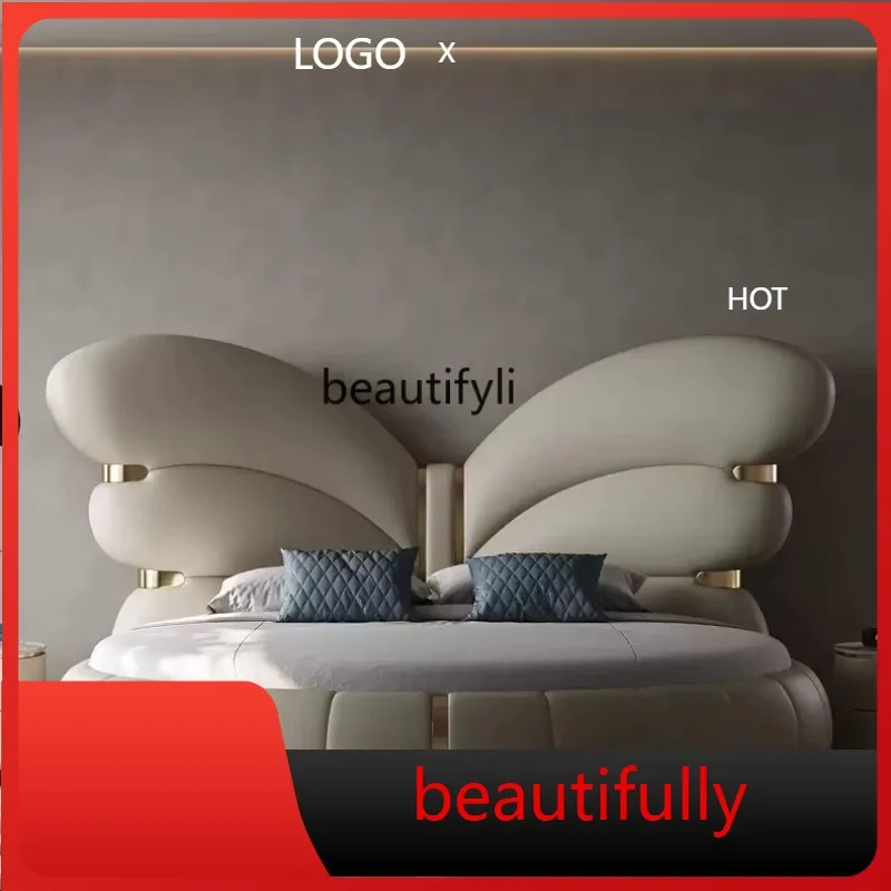 

X Modern light luxury leather bed, luxury master bedroom big bed, new, big round, double bed