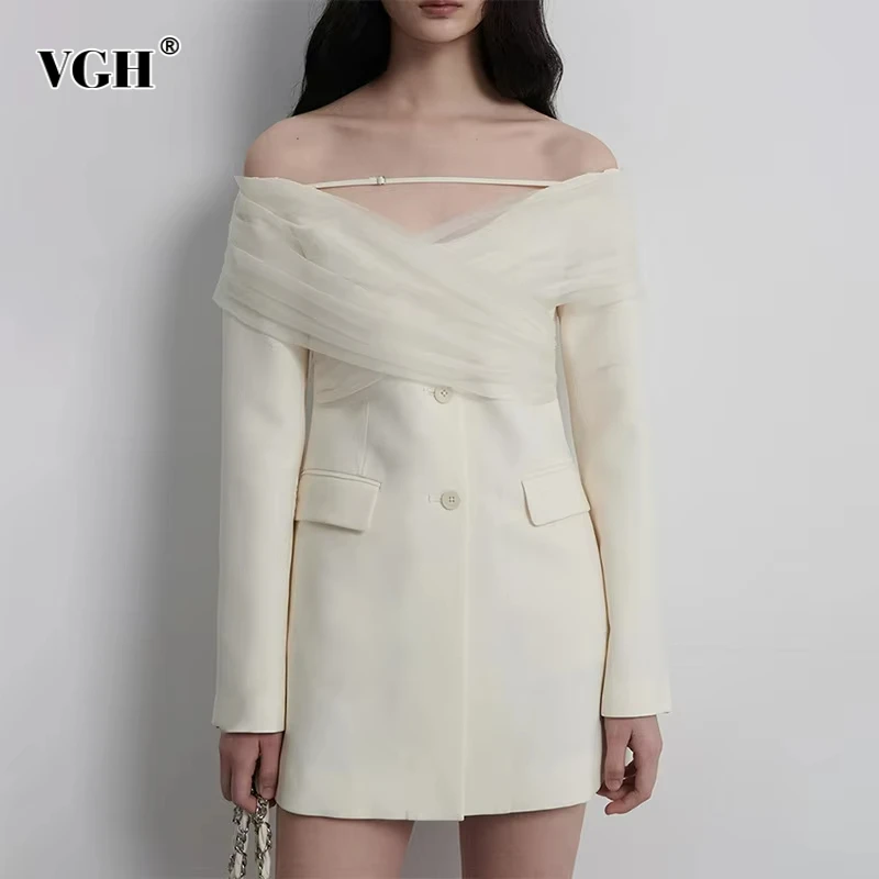 VGH Sexy Spliced Mesh Hollow Out Tunic Blazers for Women V Neck Off The Shoulder Sleeve Temperament Slimming Coats Female New