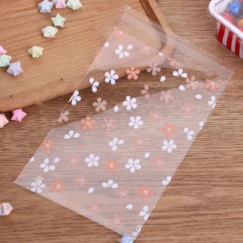 

50pcs/lot Cherry Blossoms Self-Adhesive bags for DIY Wedding Gift Candy &Cookie Package Bag Pink Flower Transparent Plastic Bag