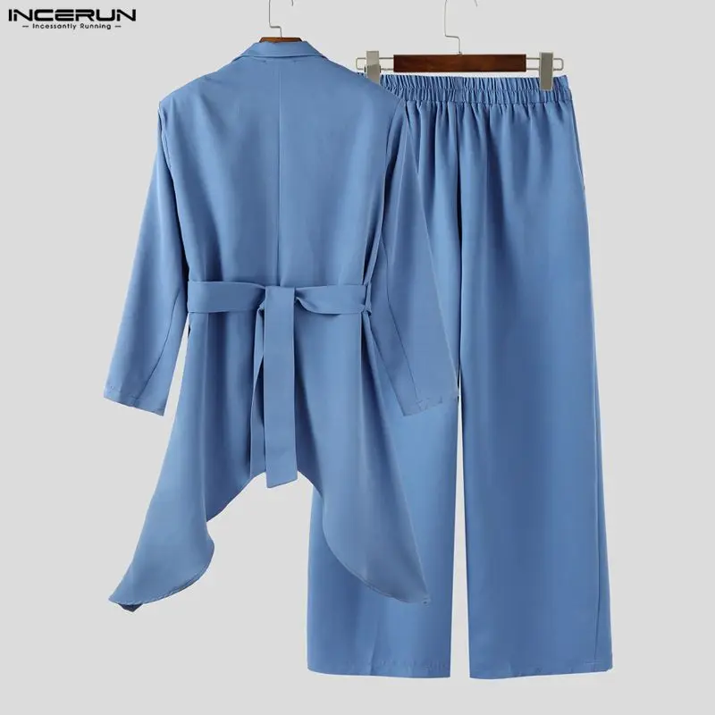 INCERUN Мужские комплекты Однотонный длинный рукав Длинный стиль Блейзер и брюки Комплекты из двух предметов Свободная уличная одежда Модные мужские повседневные костюмы