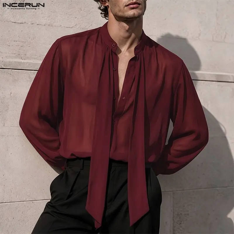 INCERUN Men's Shirt Solid See Through Long Sleeve Lace Up Men Clothes Sexy Streetwear Loose Shirts Party Fashion Tops For Man