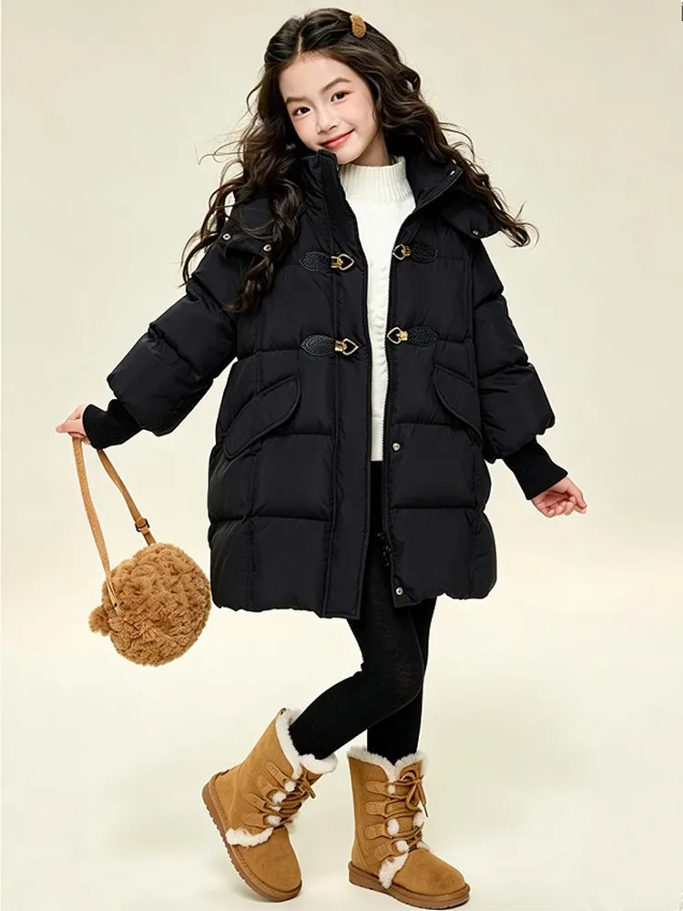 Mädchen Winter Daunenjacke 90% Weiße Entendaunen Mittellange Kapuzenparka Kinder Mädchen Warme Oberbekleidung Winddichter Kindermantel 5-14 Jahre – Detail 5