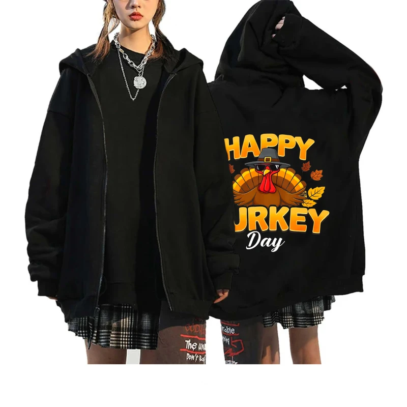 

Men's Hooded Jacket Black Happy Turkey Day Printed Thanksgiving Festival Casual Wear for Men and Women