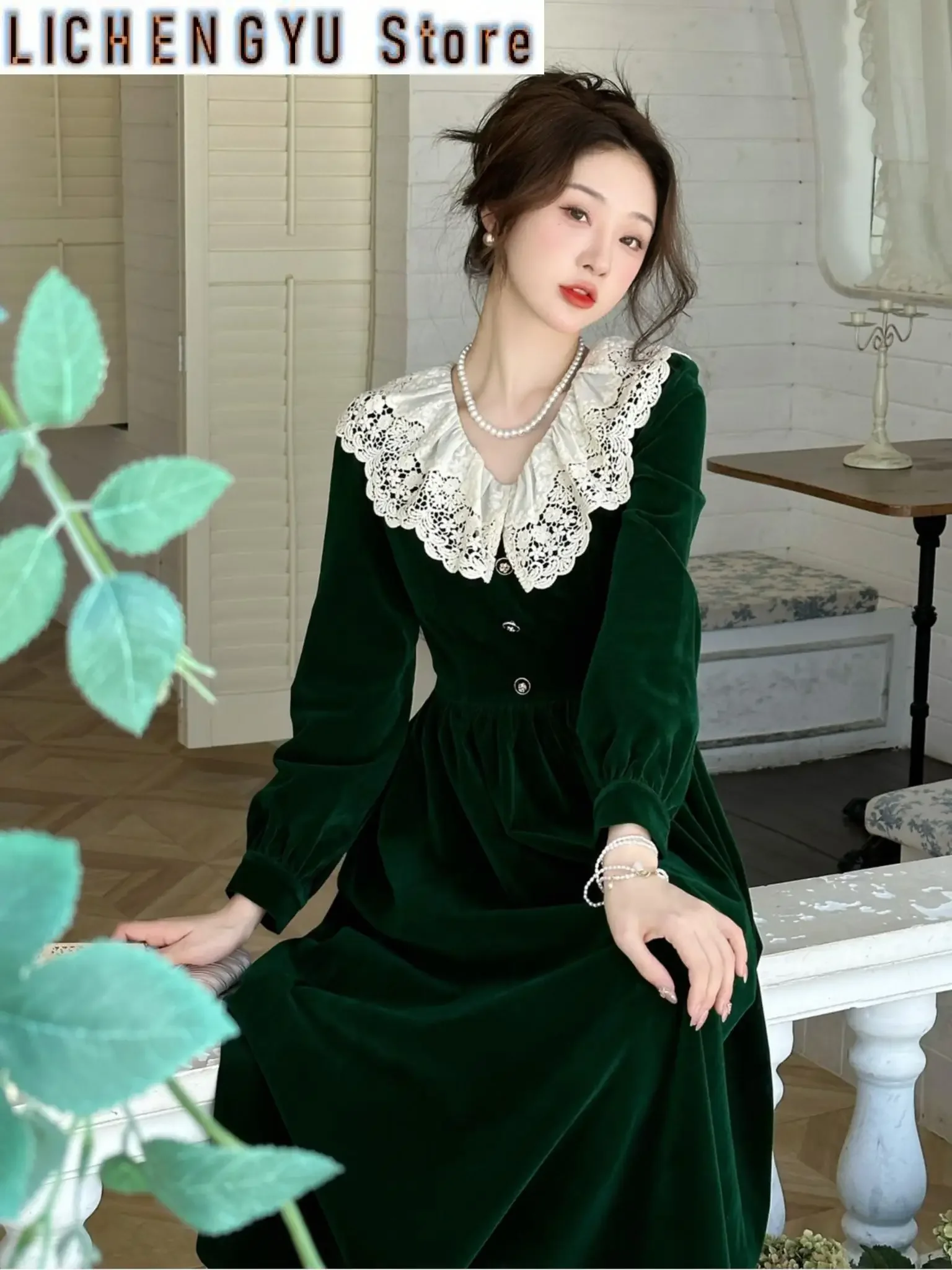 

France Vintage Lace Patchwork Midi Dresses Elegant Casual Single Breasted A-line Velvet Robe Women Spring Autumn Trend Clothes