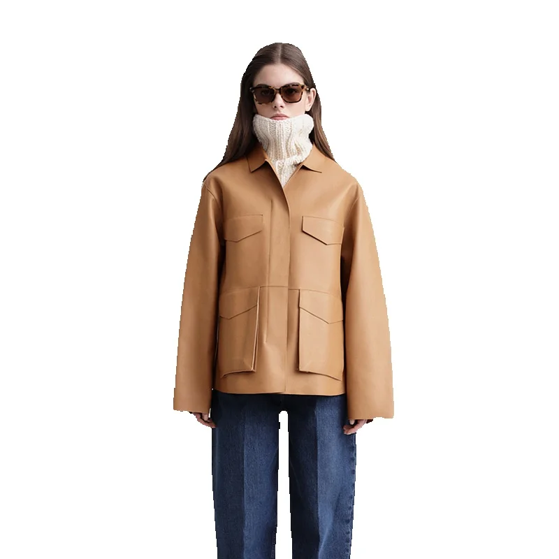 

New Year's Sheepskin Short Style Loose Leather Jacket Coat Minimalist Style Three Dimensional Bag