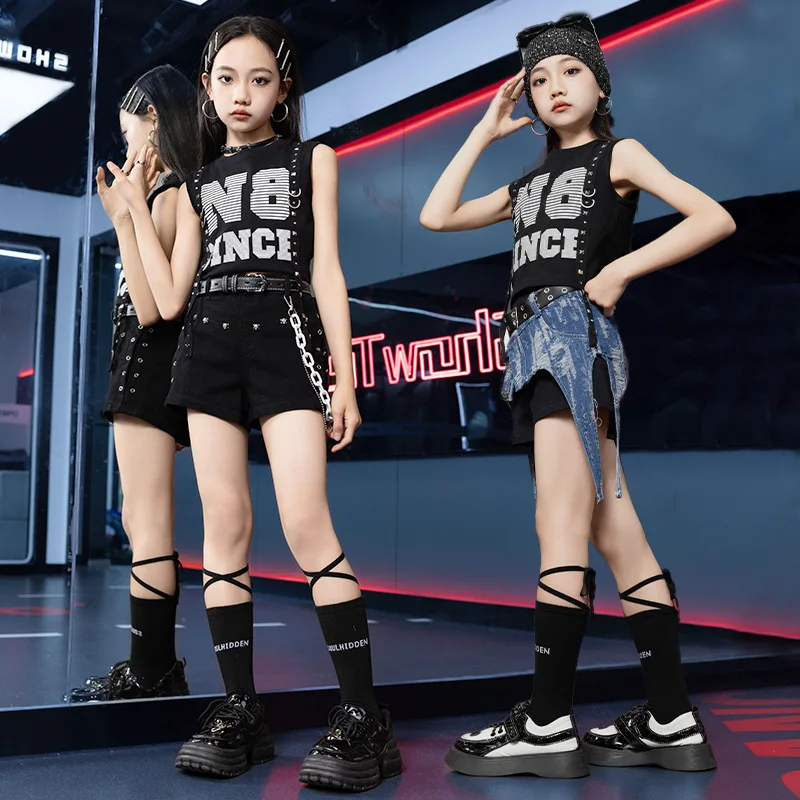 Kids Hip Hop Dance Performance Set Girl Crop Roll Jazz Tight Top Black Shorts Blue Waist Accessory