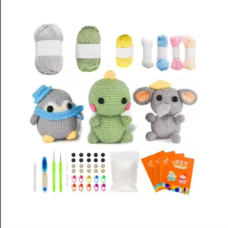 Cartoon Pinguïn Dinosaurus Olifant Vorm Pop Ornament Hand Gemaakt Geweven Gehaakte Wol Diy Gehaakt Gebreide Materiaal Tas Complete Set