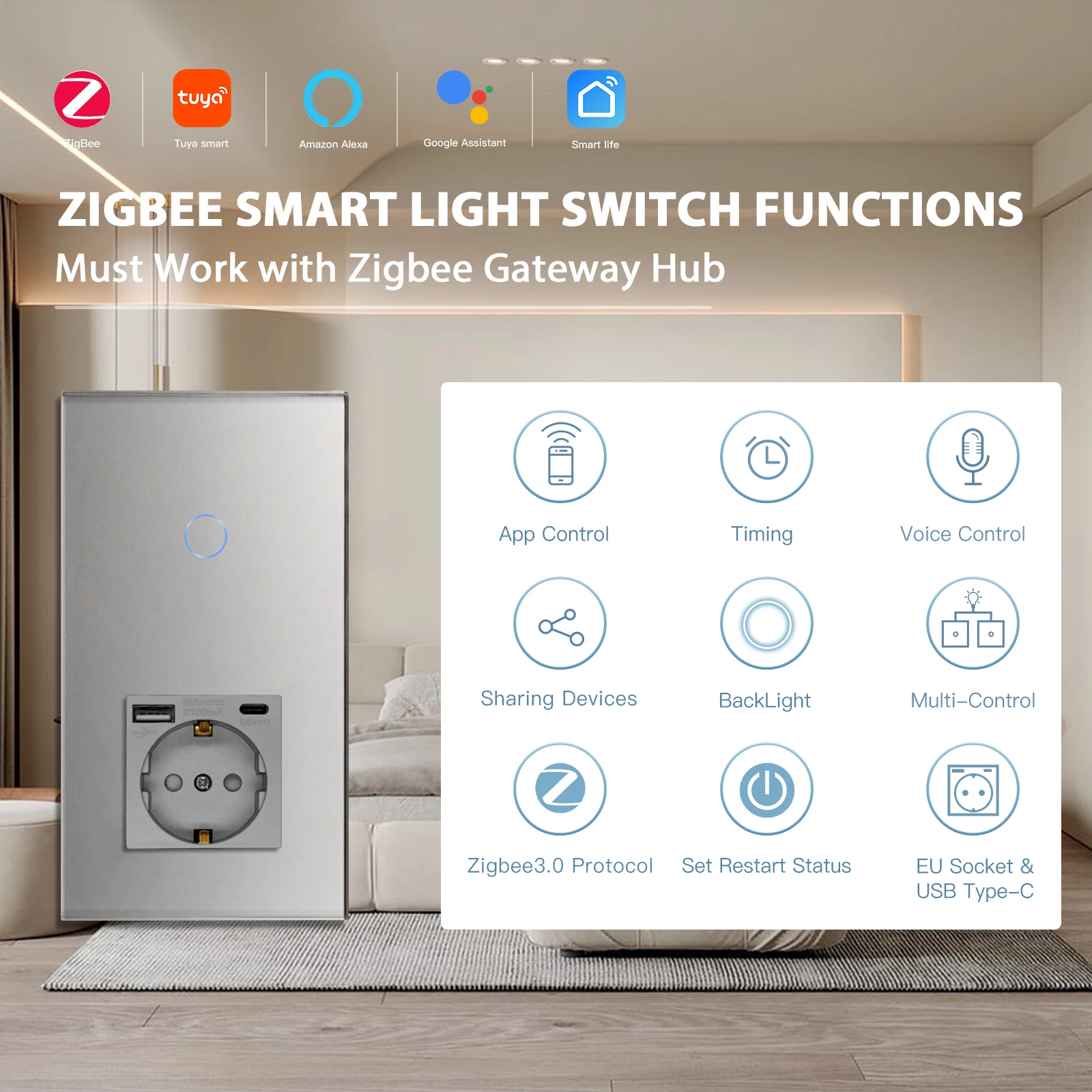 BSEED 1/2/3Gang Zigbee Light Switch Wall Touch Switch Normal Socket USB Type-C Charge Port Tuya Smart Life Google Home Control