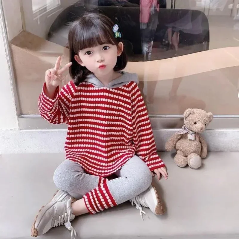 Kids Girls Striped Hooded Leggings Clothing Sets 2024 New Arrival Teenage Girls T-shirts Leggings 2Pcs Sets Red Cute Clothes