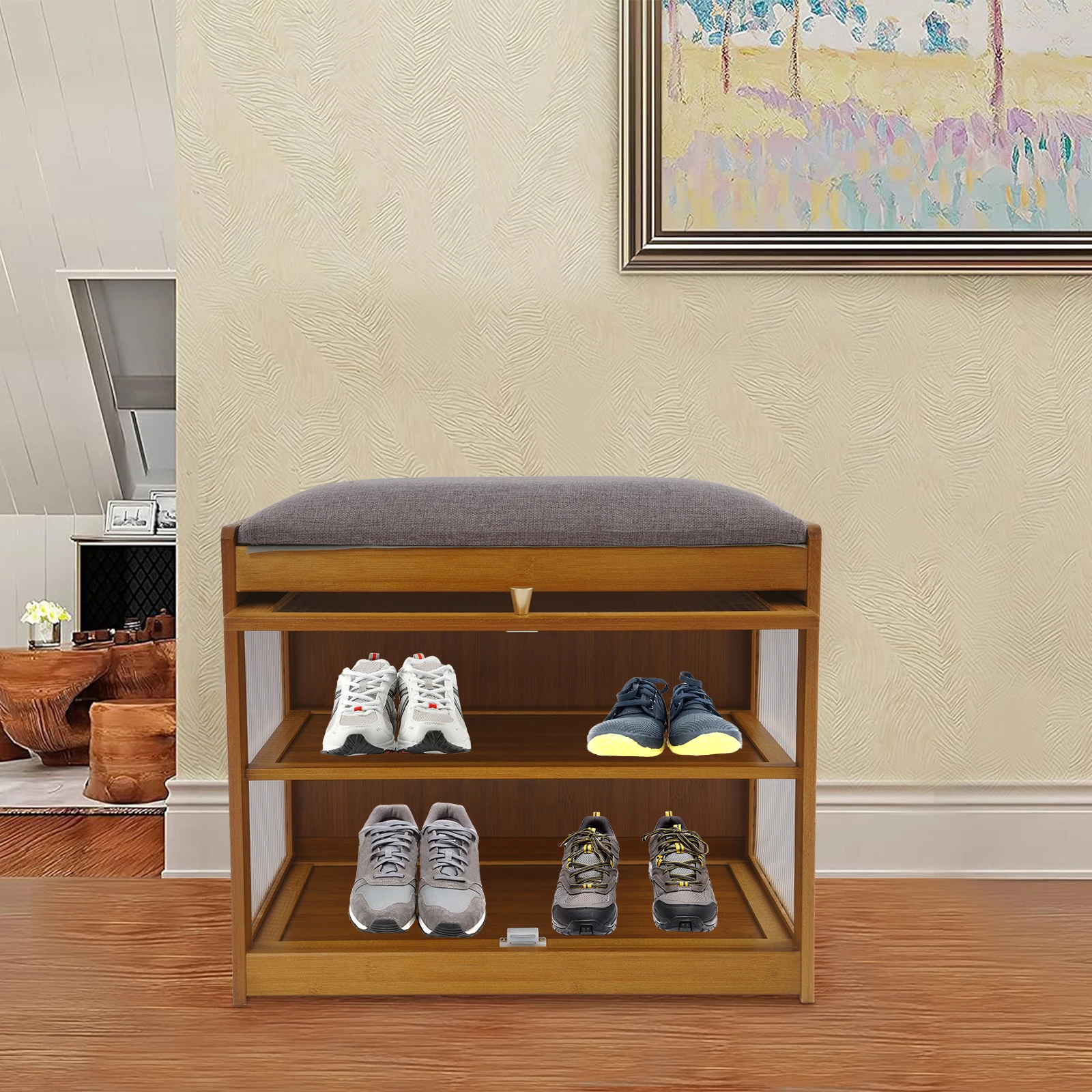 

Brown Entryway Shoe Bench with Cushion, Entryway Bench with Shoe Organizer, Modern Hallway Sitting Stool for Home, Living Room
