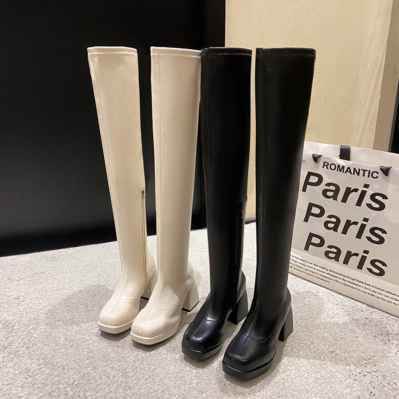 Winter Over The Knee High Boots Fashion Side Zippers Square High Heel Long Boots 2023 Ladies Elegant Mordern Boots