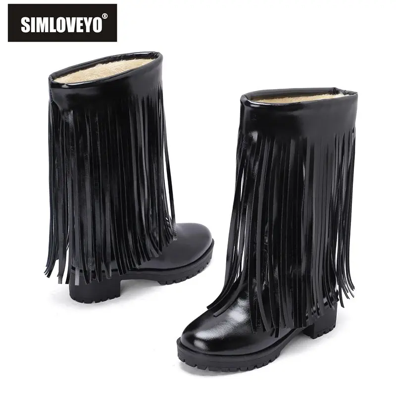 

SIMLOVEYO женские ботинки до середины икры с круглым носком 4,5 см, толстые каблуки с кисточками, большие размеры 41–43, зима, повседневная мода, осень-зима