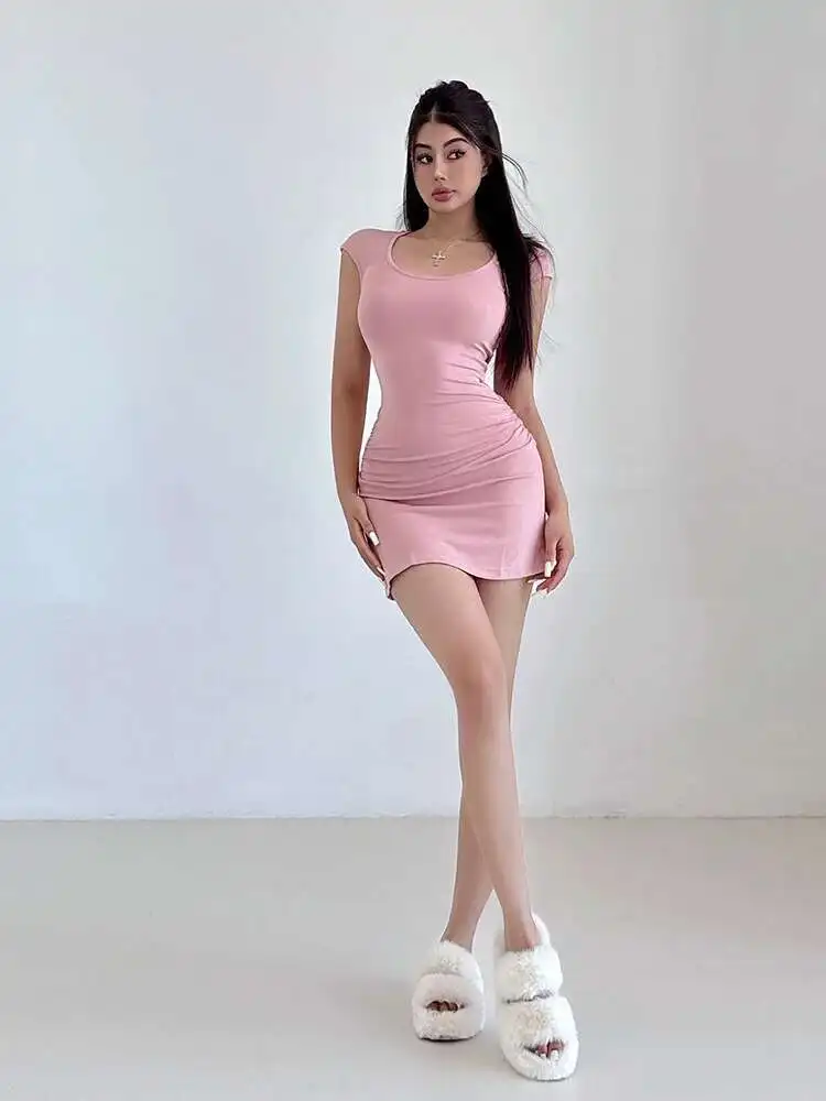U-neck Sweet Girl Short Sleeve Dress Women Thin Style Sexy Slim A-line Short T Shirt Mini Dress Elegant Fashion Tops LY78