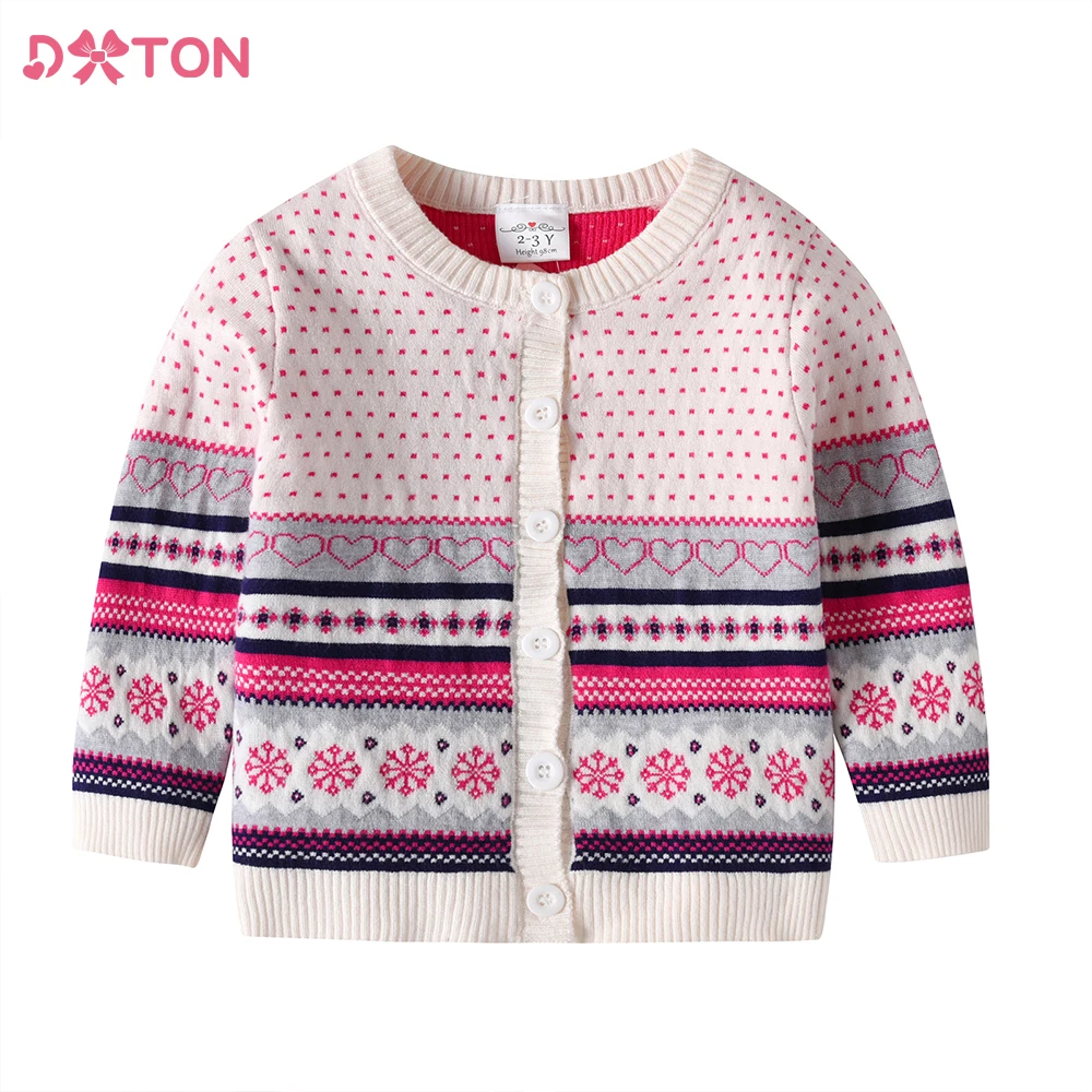 DXTON Girls Cardigans Sweaters Kids Heart Snowflakes Print Autumn Winter Christmas New Year Gift Sweaters Children Tops Clothes