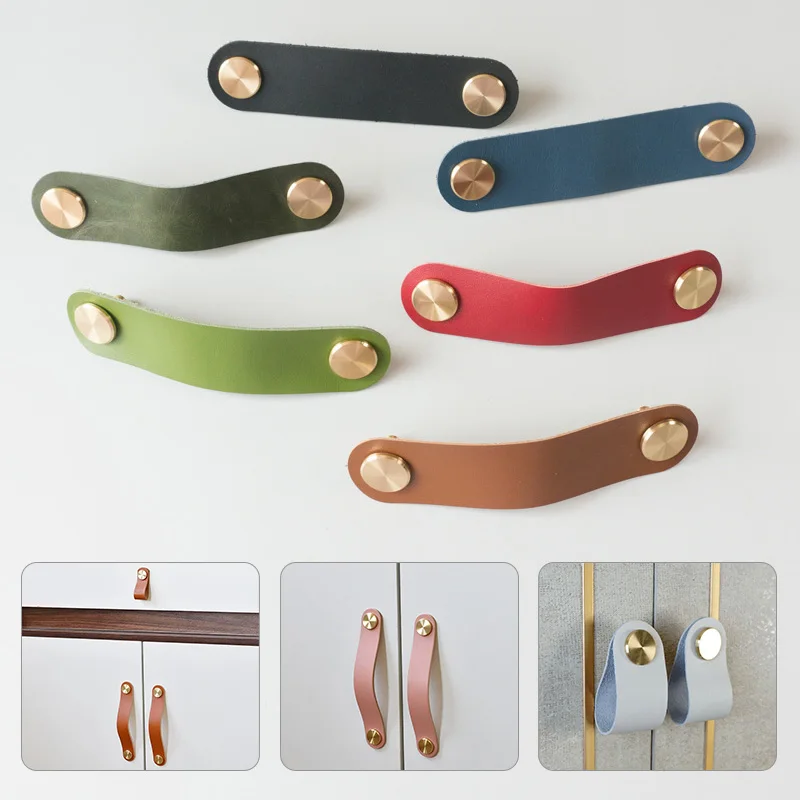 1pc Knobs Cupboard Handle Drawer Pull Door Cabinet Cowhide Leather Brass Leather Strap Vintage Wardrobe Furniture Hardware