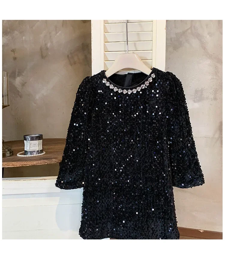 Girls\' Dress Winter New Foreign Style Girls Velvet Princess Dress Children\'s Fashionable Sequined Heavy Industry Dress
