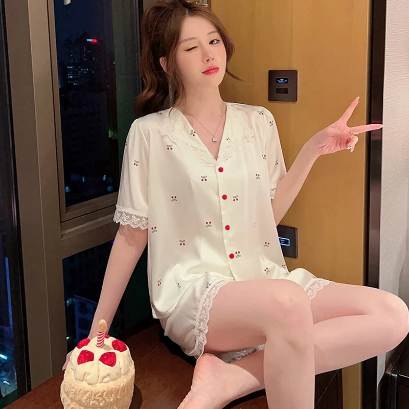 Little Fresh Cute Cherry Print Lace Pajamas for Women Sweet Korean Three-piece Female Lounges 2024 New Y2k Spring Sleep Clothing