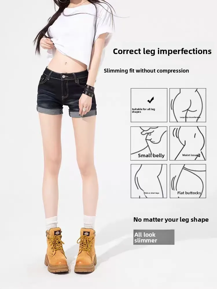 plus Size Sexy American Style Denim Shorts Women's Summer Waist Elastic Slimming Pear Shape Cuffed Hot Pants High Stretch Cot...
