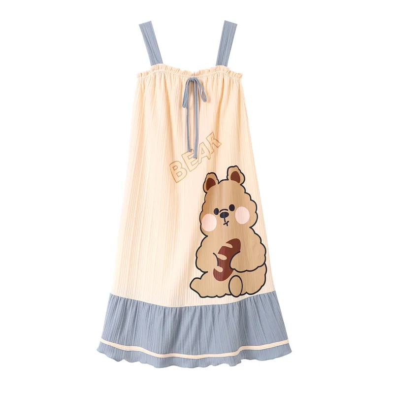 

Pajama Women's Summer Suspender Knitted Pure Cotton Cartoon Cute Student Long Nightdress for Home Wear in