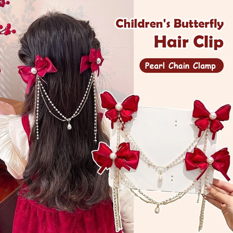 Neue Jahr Rote Schleife Perle Quaste Kette Haarnadel Süße Haar Clip Prinzessin Haar Clips Für Mädchen Neue Jahr Haar Kopfbedeckungen Zubehör