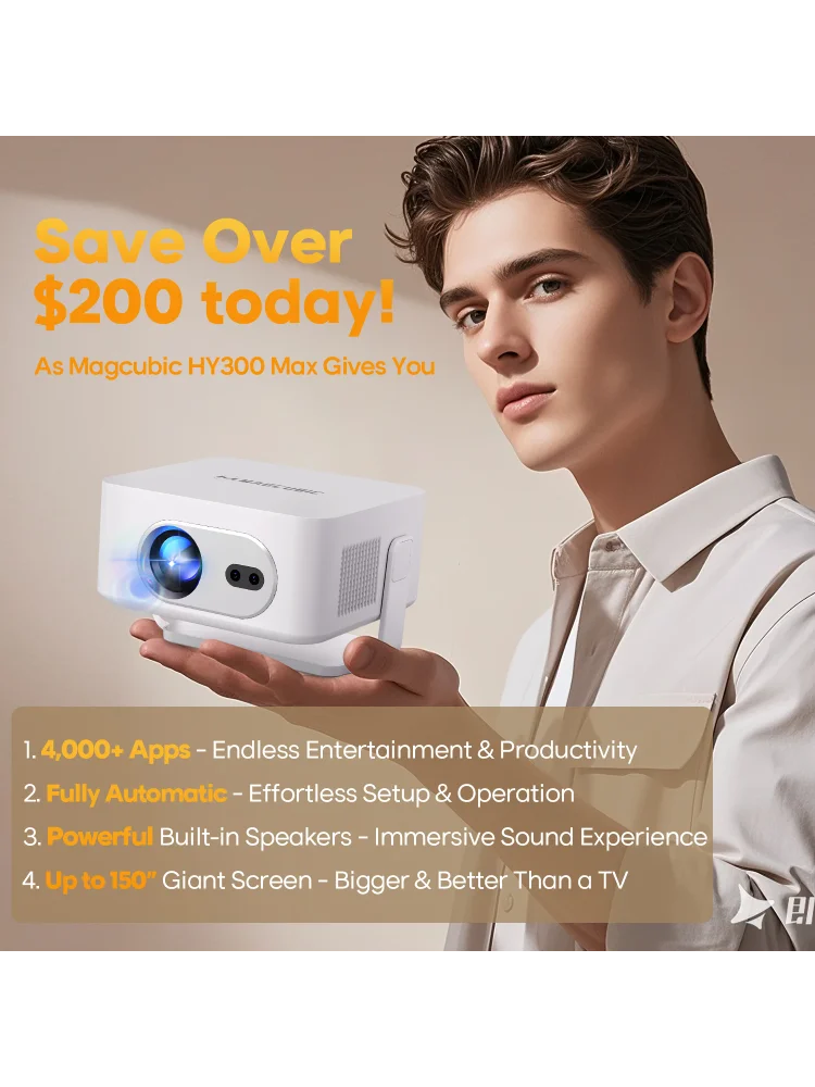 Magcubic HY300Max 400ANSI 8K Native 720P Autofokus Android 14 Projektor mit Wifi6 BT5.4 Allwinner H726 Tragbarer Outdoor-Projektor