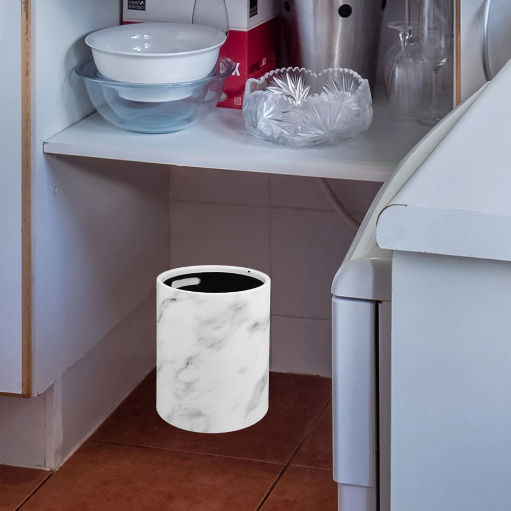 

Marble Trash Can Decorative Kitchen Bathroom Bins White Pp Material Large Opening Easy Clean Modern Style Plastic Garbage