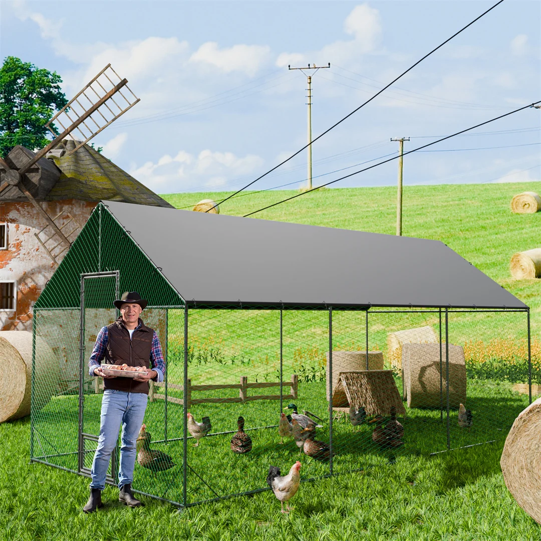 BINGOPAW Large Outdoor Chicken Coop Metal Turkey Running Cage Duck House with Water-proof 600D Oxford Cloth Cover for Backyard