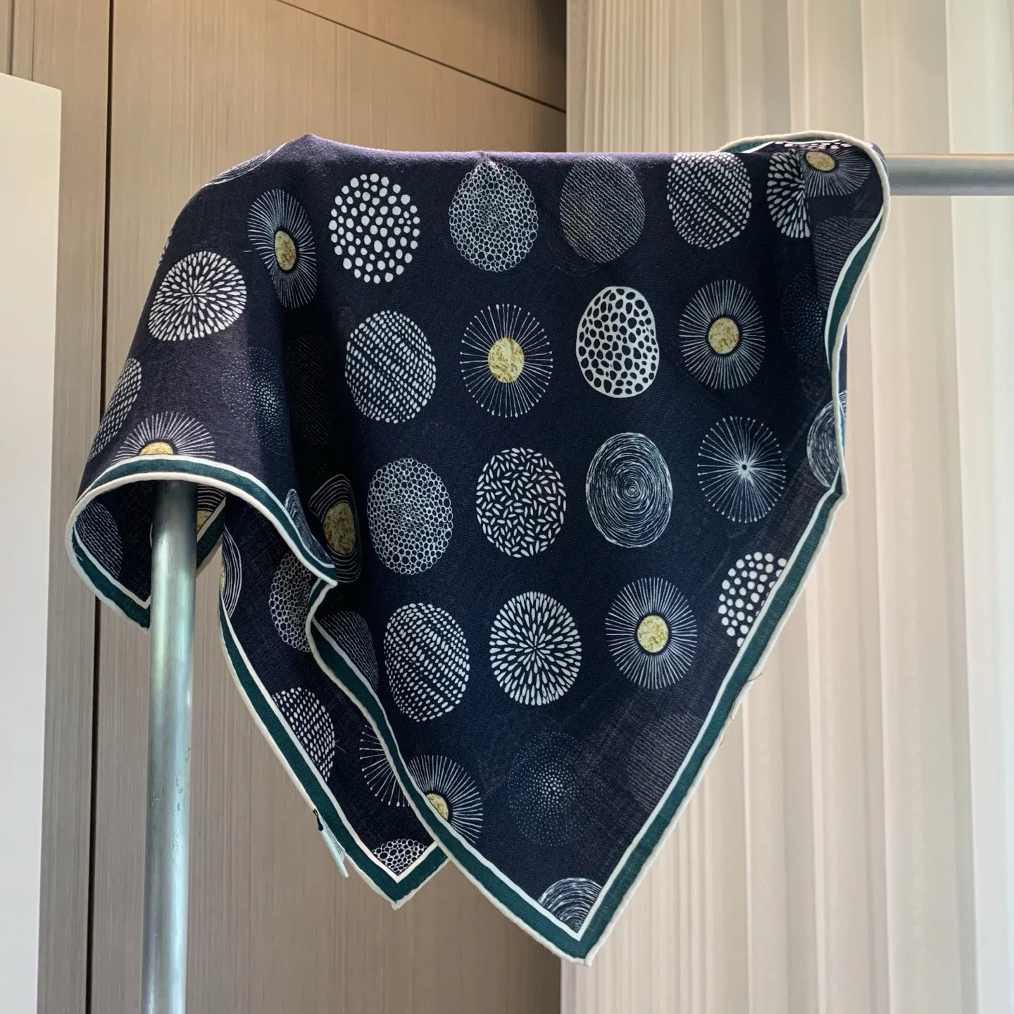 70% Wool 30% Silk Square Scarf for Women Navy Blue Abstract Sun Circle Double‑Sided Neckerchief Original Luxury Scarves