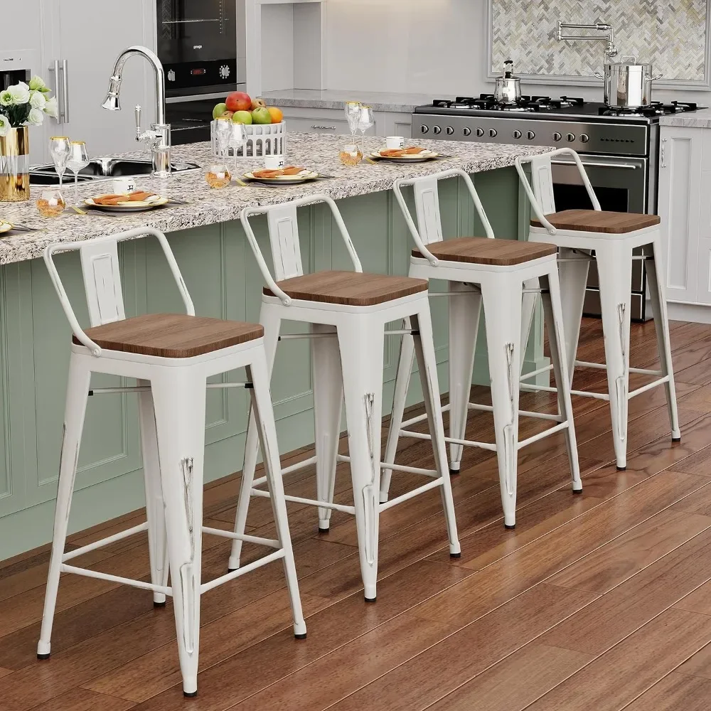 

24" Metal Bar Stools Set of 4 Counter Height Barstools Industrial Counter Stool Kitchen Bar Chairs with Modern Wooden Seat