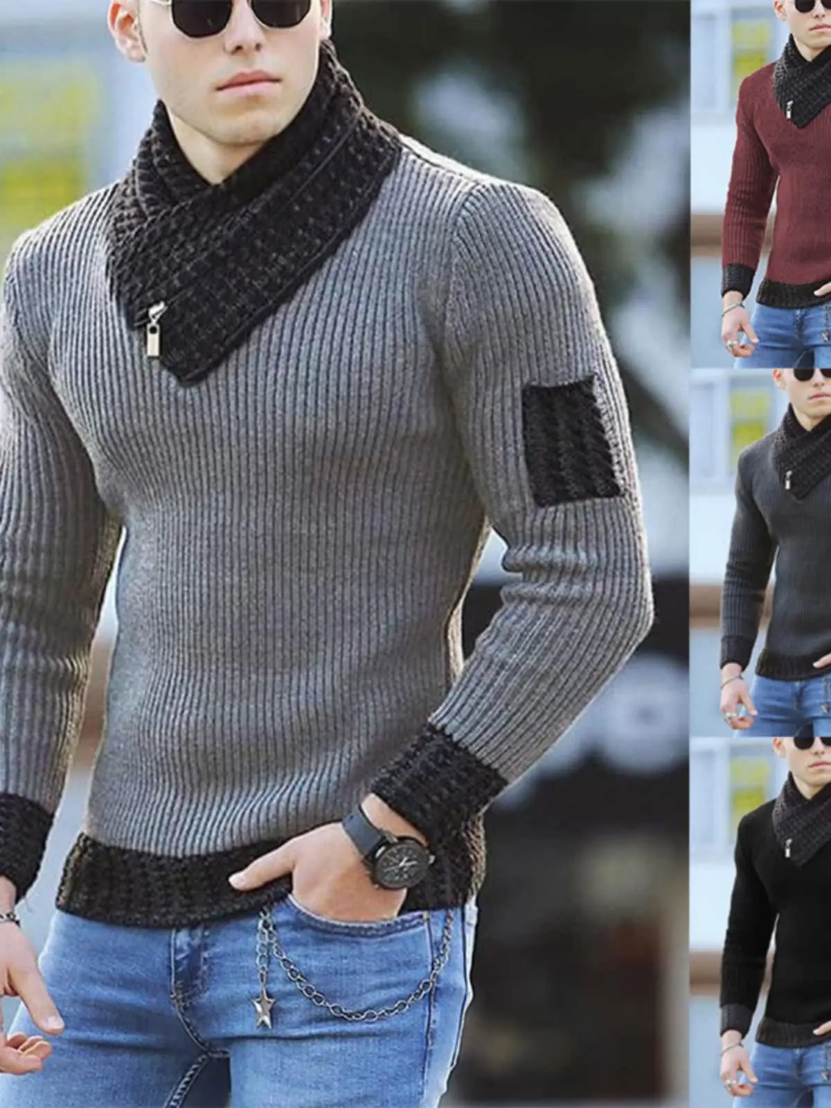 

Men's Long Sleeve Knitted Sweater with Scarf Collar Patchwork Pullover Loose Fit Autumn Wear Comfortable Knitwear