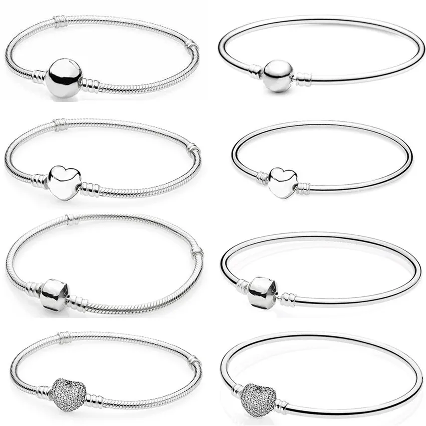 

Original Moments Pave Heart Clasp Snake Chain Bracelet Bangle Fit 925 Sterling Silver Bead Charm DIY Jewelry