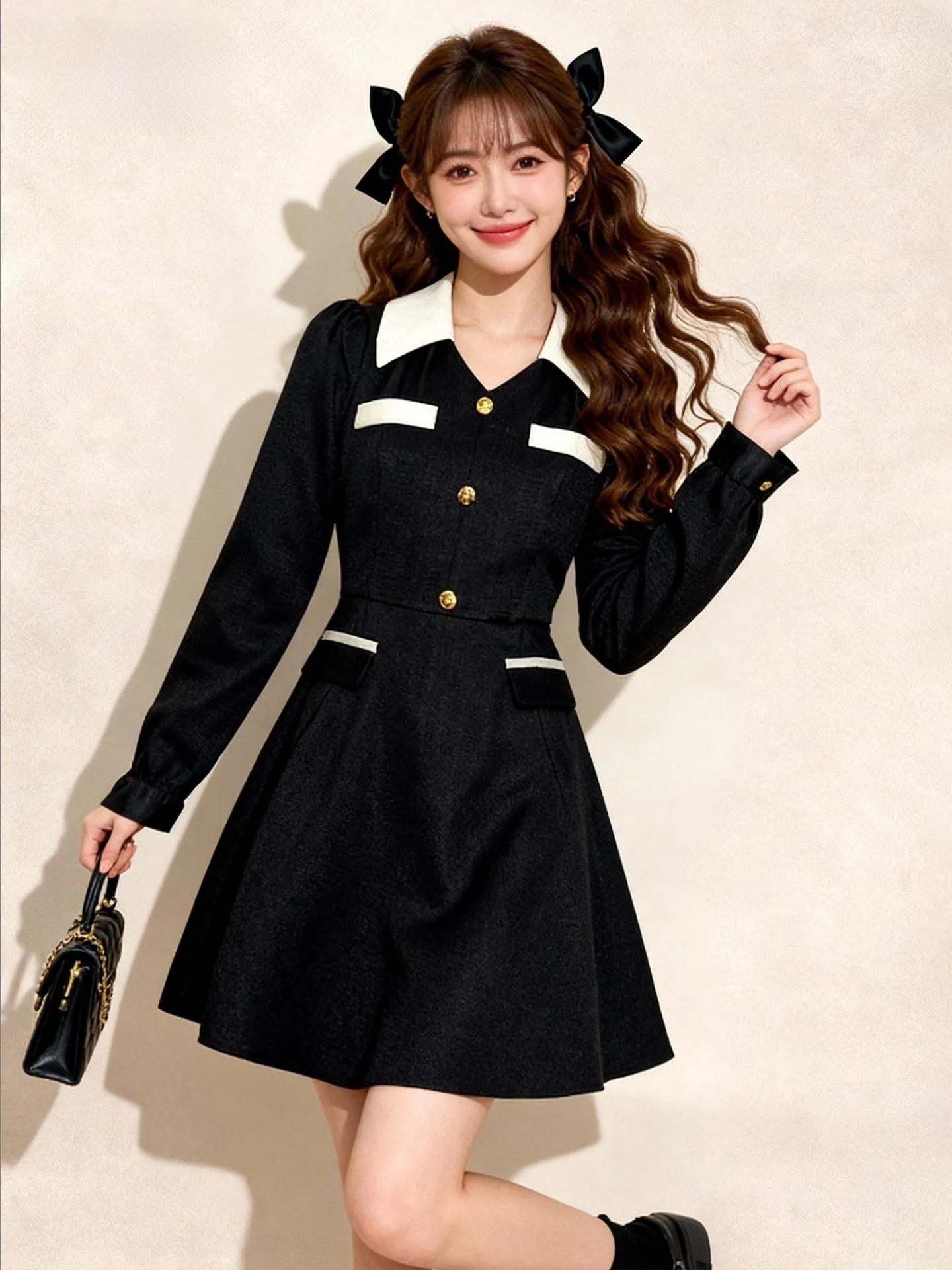 

Элегантное черное платье А-силуэта с эффектом похудения, с пуговицами, утягивающее талию, с длинными рукавами, V-образным вырезом, на молнии, для повседневной носки