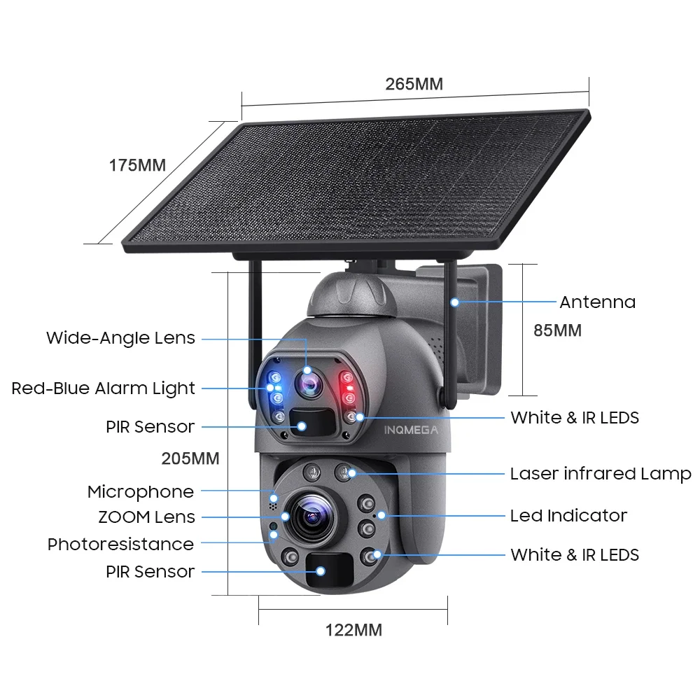 Imagem -06 - Inqmega 6mp 36x Zoom 4g Câmera Solar Wifi Dupla Vista Pir Célula Solar Câmera Ptz Segurança ao ar Livre Câmera de Alarme de Luz Vermelha e Azul