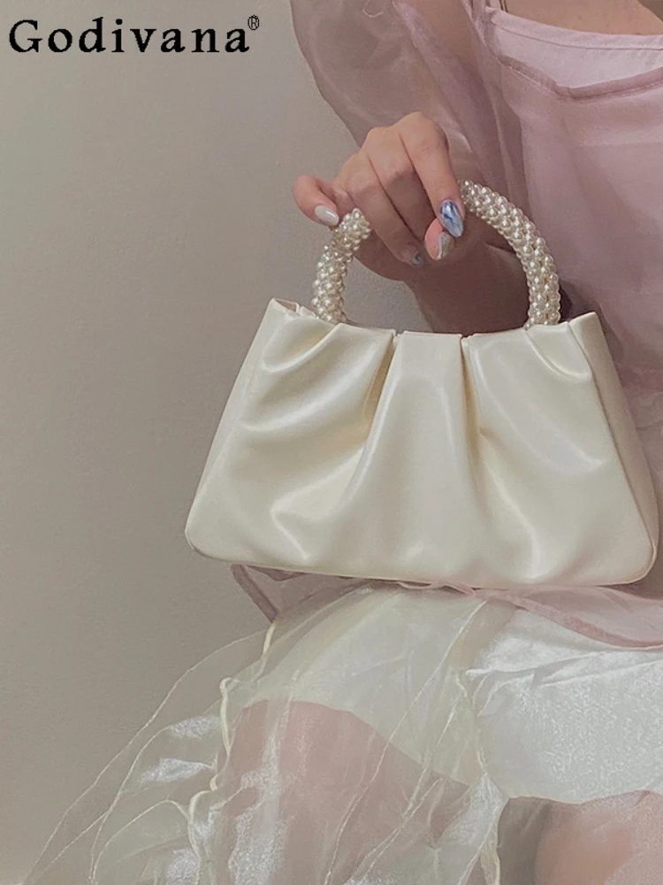 

Korean Fashion Women's White Shoulder Bags Autumn Winter Sweet Pleated Pearl Cloud Bags Handbag Shoulder Bag Messenger Bags