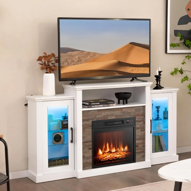 

Fireplace TV Stand with LED Lights for TV up to 65”, Entertainment Center with 18” Electric Fireplace, Remote & APP Control