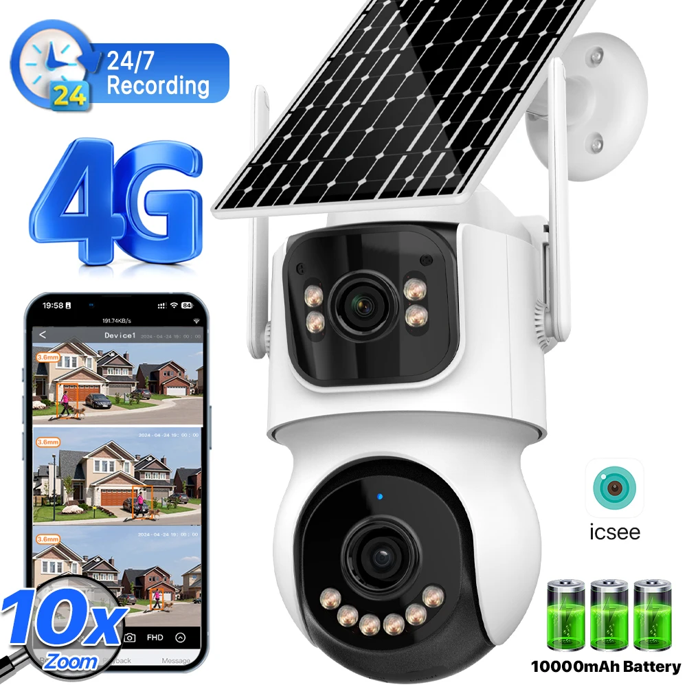 

4G Sim Solar Camera 10X Zoom AOV 24 Hours Record Camera Outdoor Three Screen Auto Track 9W Solar Panel 10000mAh Battery iCSee
