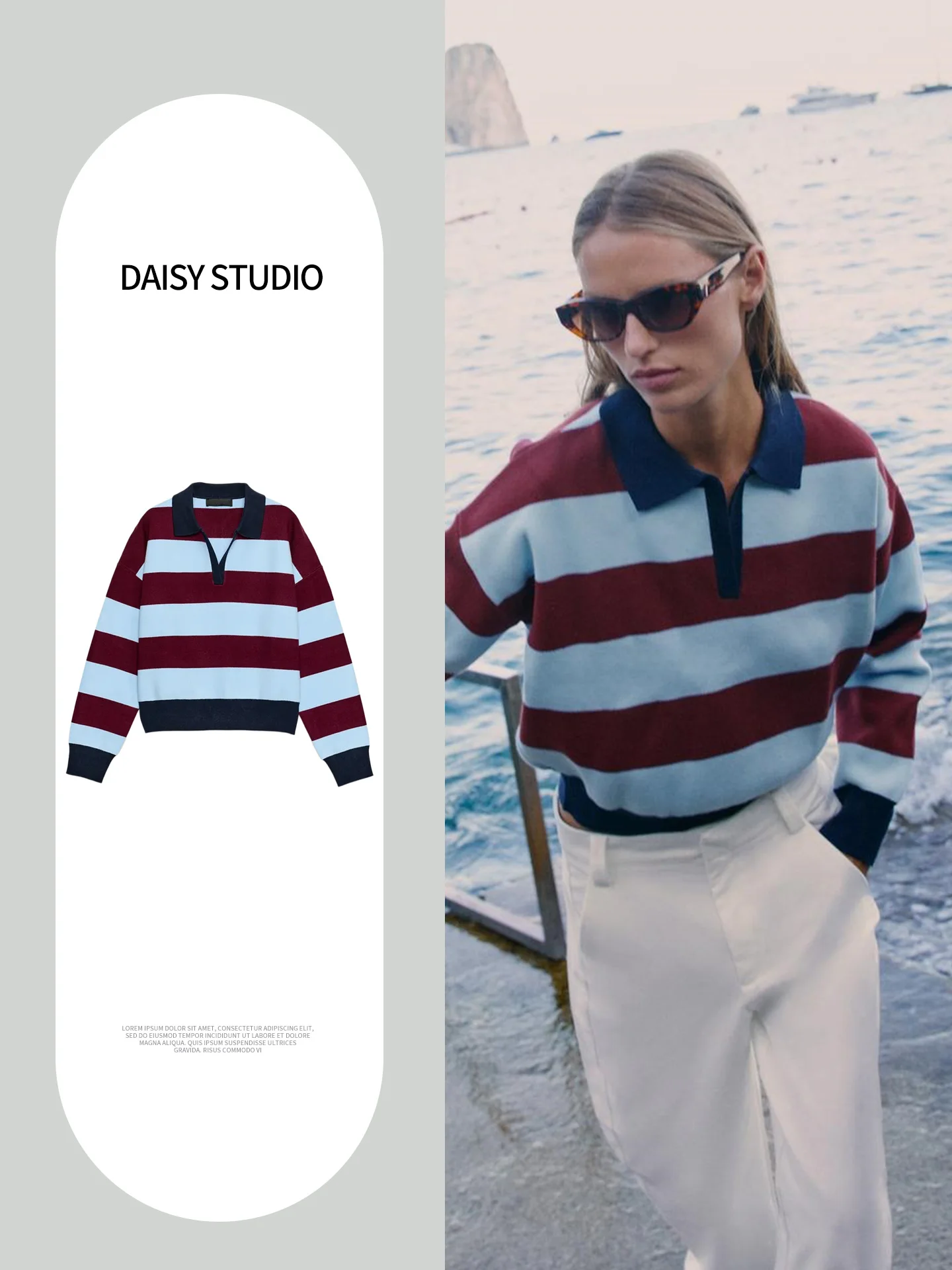 Autumn New Street Style Women's Knitted  Neck Long Sleeve Color Block Stripe Design Top Casual Loose Fit Polyester