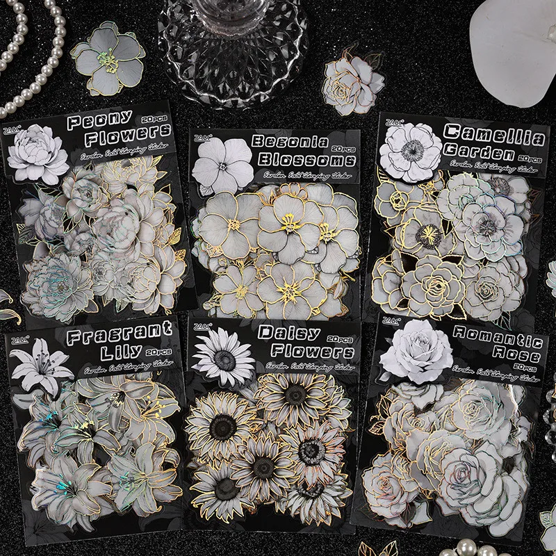 20pcs Flowers Gold Foil Stickers Set PET Stickers Pack for Scrapbooking Junk Journals Diary Decoration Collage Album Stickers