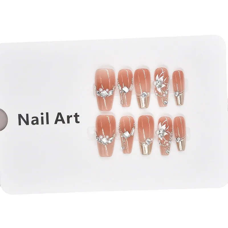 Silberner magischer Spiegelpulver, lange Maniküre, zum Aufdrücken von Nägeln, Strass-Charms