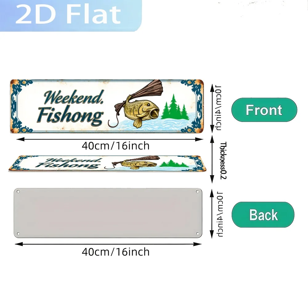 2D Flat, Vintage Weekend Fishong, a Fish with Fishing Rod  UV Printed Wall Art, Durable Decoration for Home, Cafe, Garden
