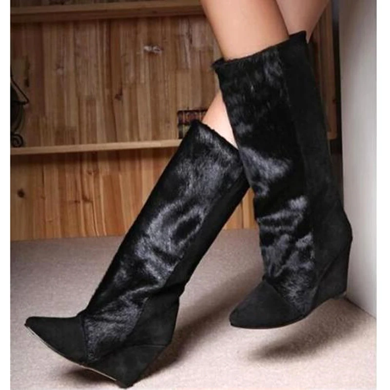 

Fashion Patchwork Horse Hair Hidden Wedge Knee Boots Pointy Toe Slip On Women knight Botas Mujer Black Horsehair Long Boots