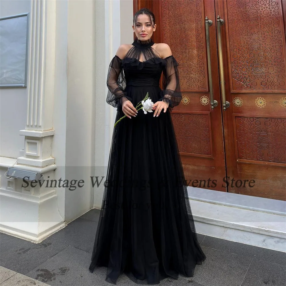 Sevintage Mature Black Tulle Prom Dress Halter Off The Shoulder Long Sleeves Ruched Floor Length Evening Dress vestidos de gala